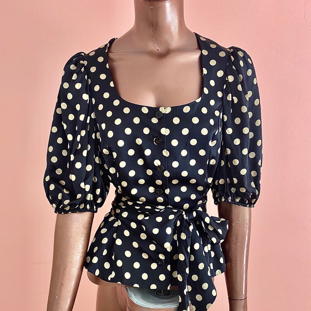 Betsey Johnson Silk Polkadot Tie Button Down Top